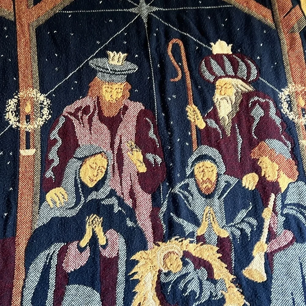 Vintage Tapestry Throw with Nativity Scene Fringed Trim 46X64”